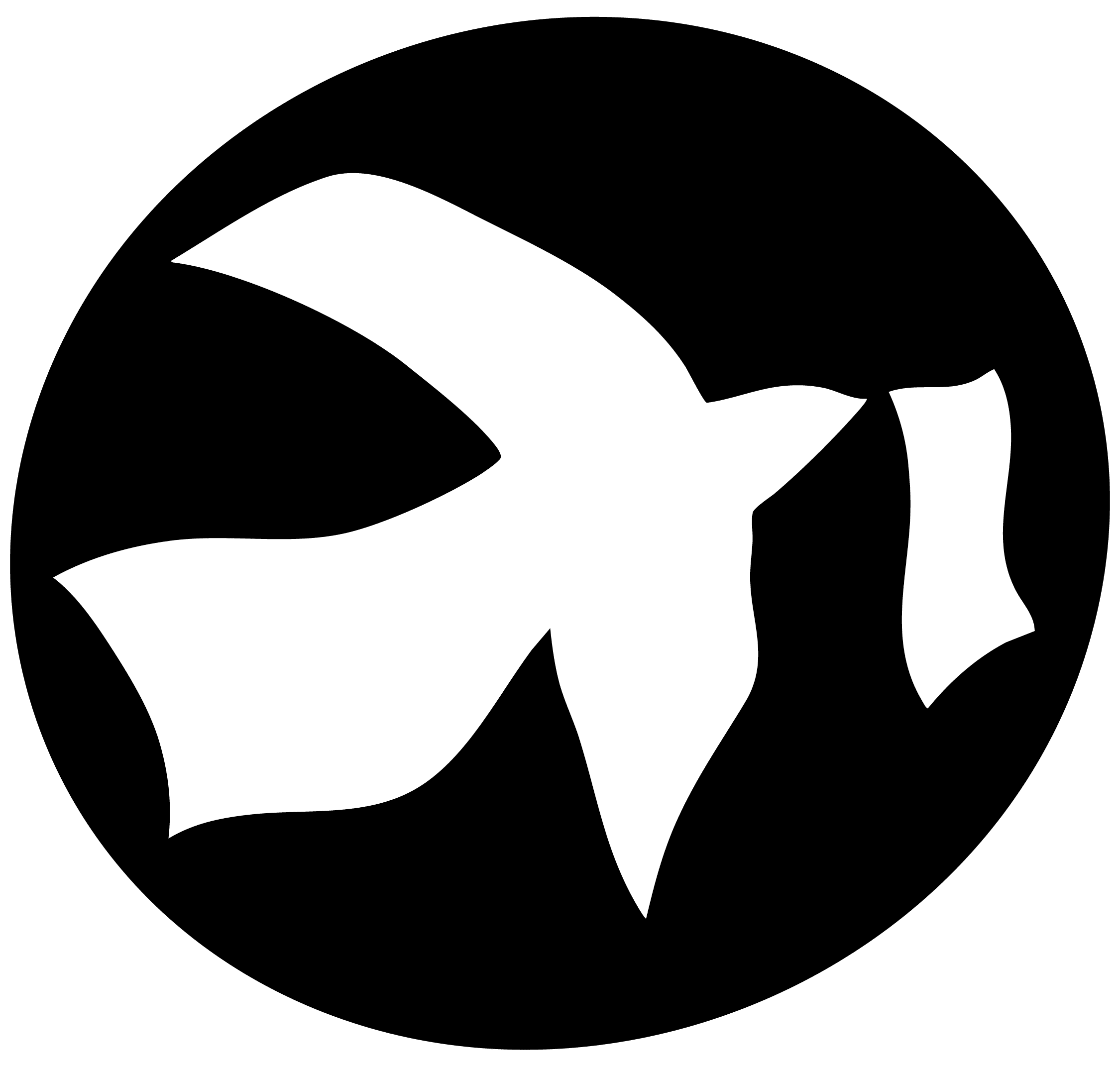 A stylized dark green bird in flight inside a black circle.